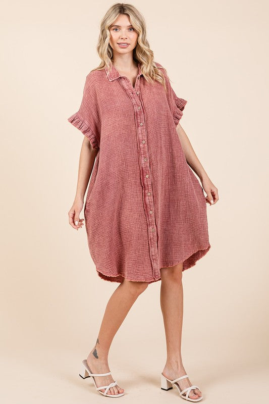 Mittoshop Mineral Wash Cotton Gauze Mini Shirt Dress