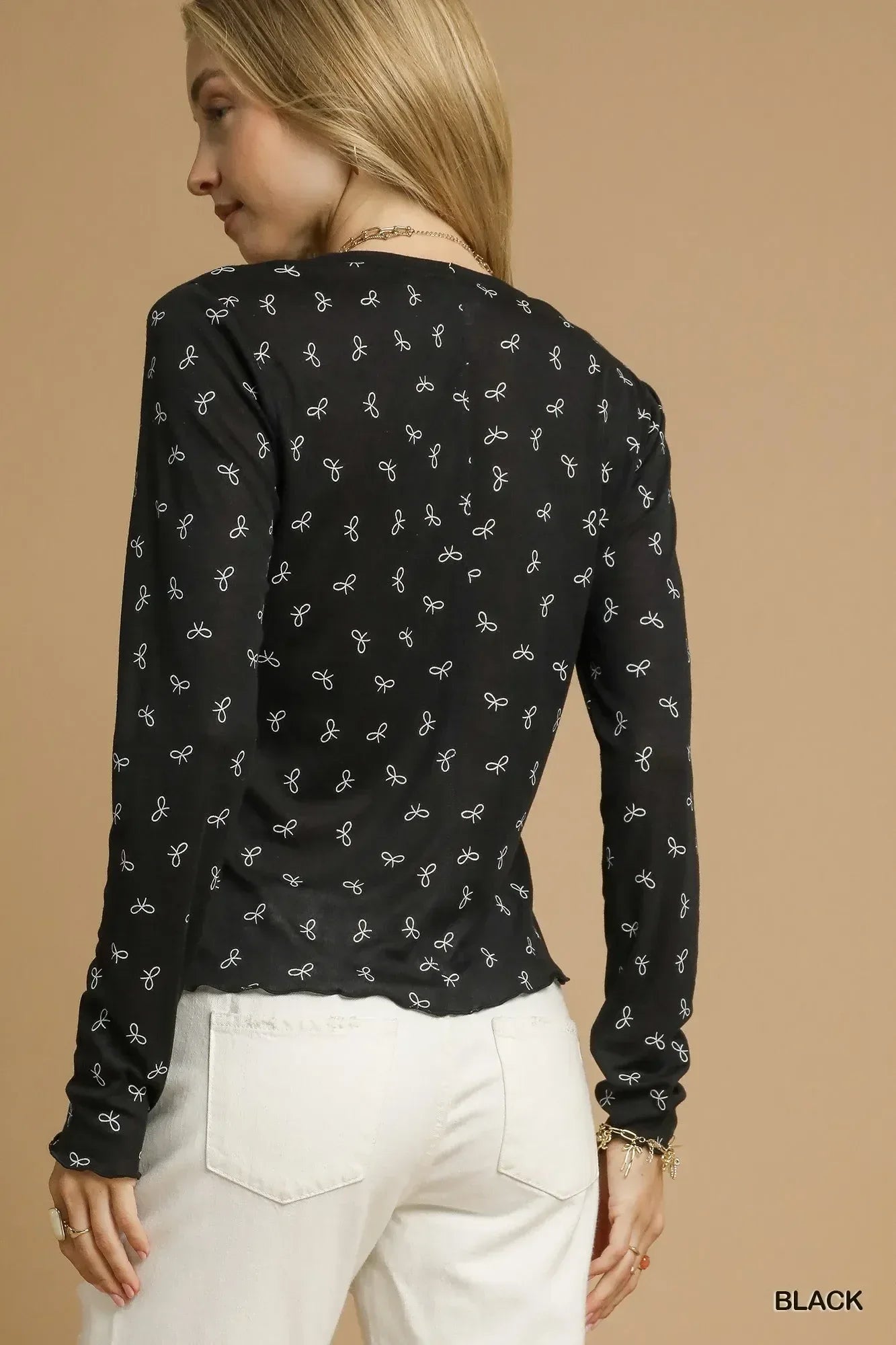 Umgee Bow Print Lightweight Knit Top - DAVERRI FASHIONS