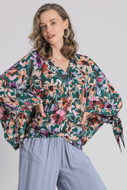 Umgee Full Size Floral V-Neck Tie Sleeve Blouse Plus Size FORESTMIX