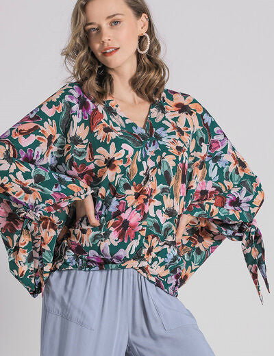 Umgee Full Size Floral V-Neck Tie Sleeve Blouse Plus Size FORESTMIX