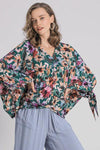 Umgee Full Size Floral V-Neck Tie Sleeve Blouse Plus Size - DAVERRI FASHIONS
