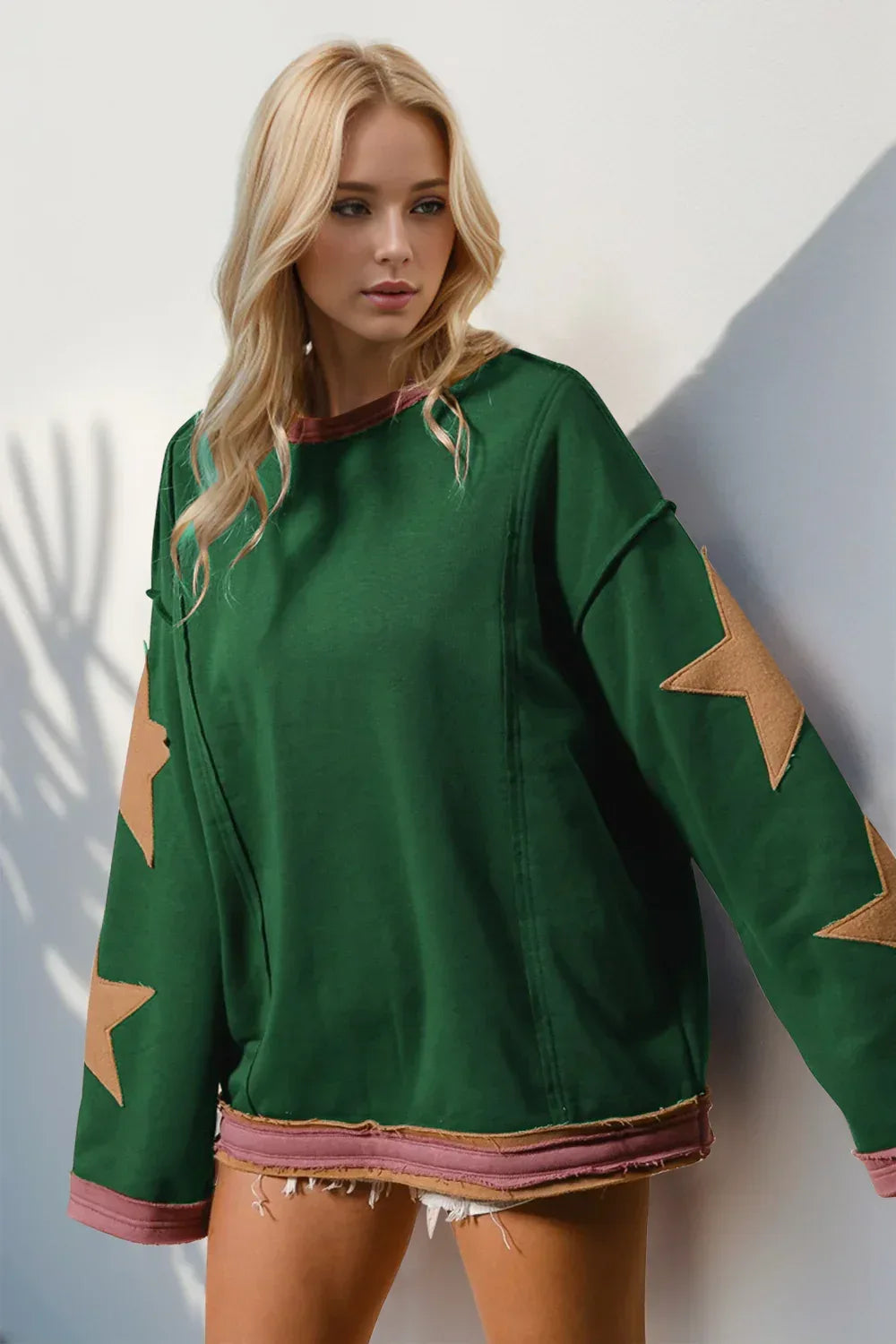 Double Take Star Patched Long Sleeve Sweatshirt - DAVERRI FASHIONS