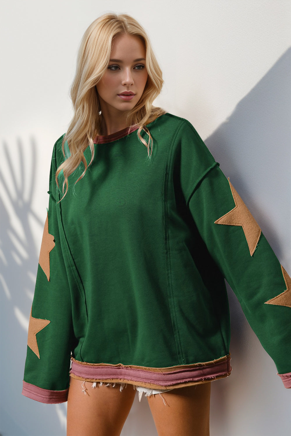 Double Take Star Patched Long Sleeve Sweatshirt | Sweatshirts Daverri Fashions