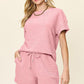 Double Take Full Size Texture Short Sleeve T-Shirt and Drawstring Shorts Set Dusty Pink Outfit Sets