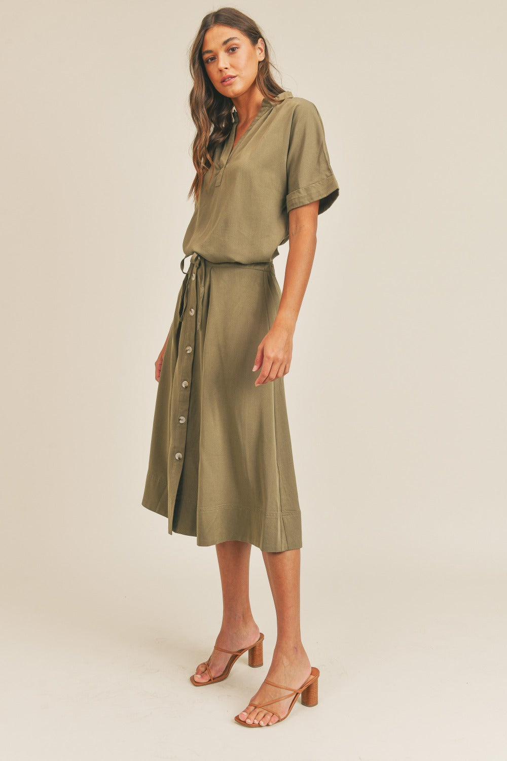 MABLE Short Sleeve Top and Button Down Midi Skirt Set Skirts