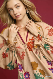 Umgee Floral Print Flounce Sleeve Blouse | Blouses Daverri Fashions