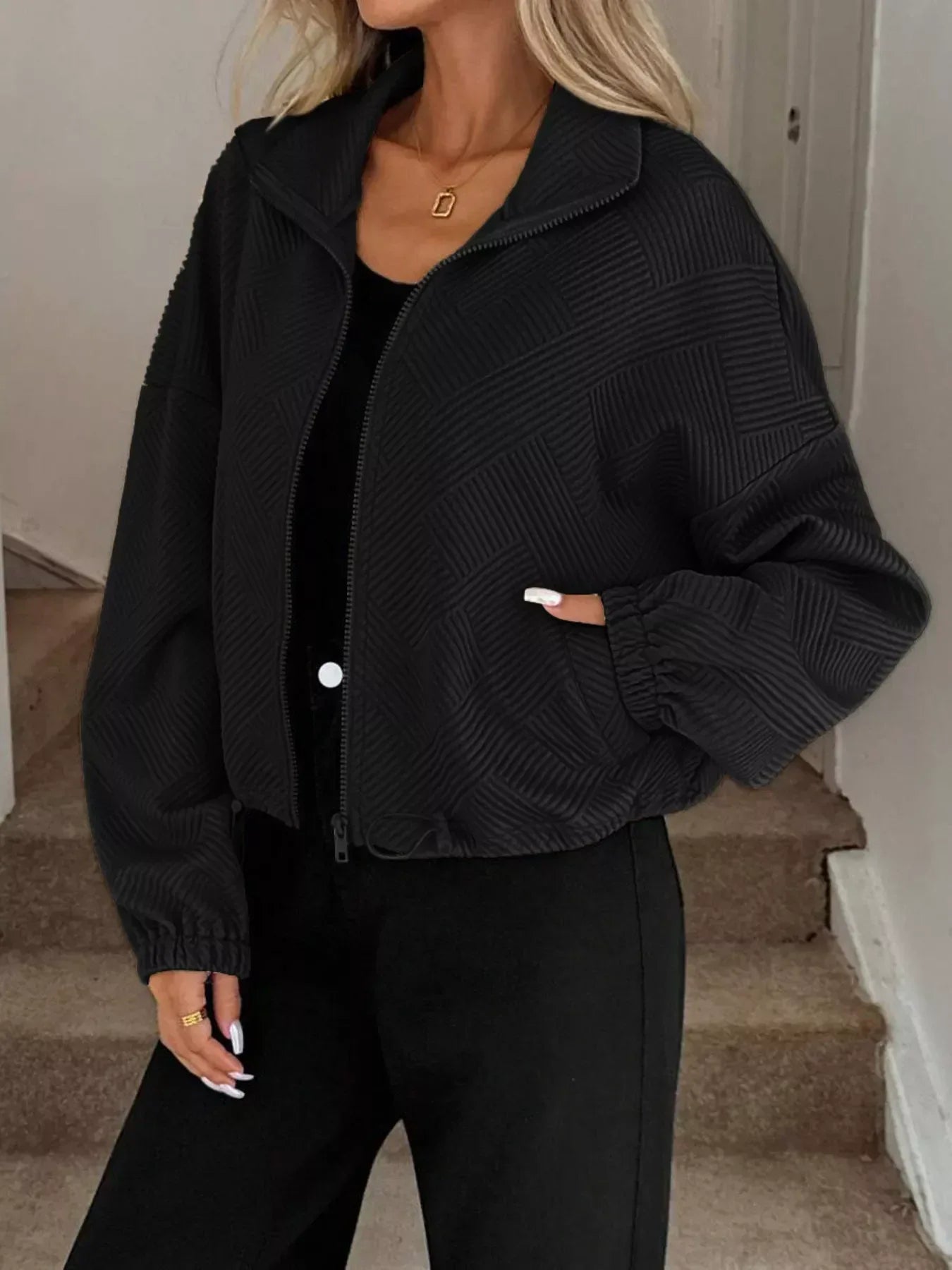 Drawstring Hem Textured Long Sleeve Jacket - DAVERRI FASHIONS