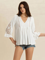 V-Neck Lace Flounce Sleeve Top | Blouses Daverri Fashions