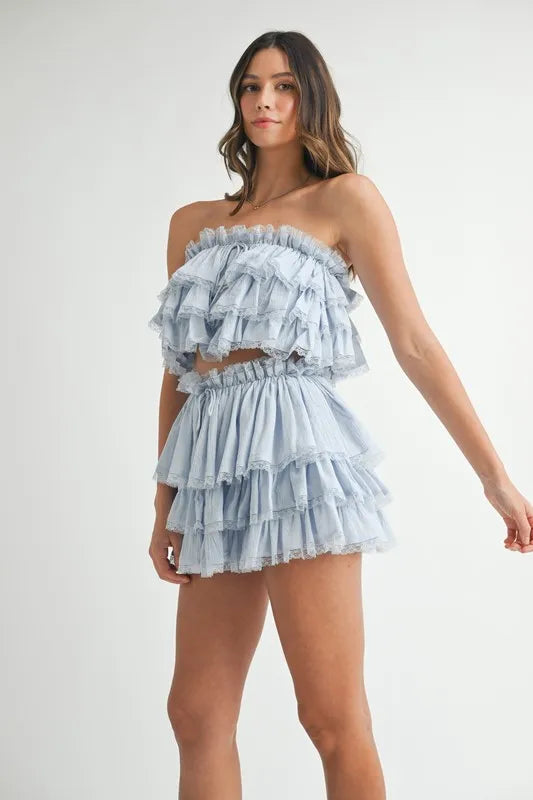 MABLE Ruffle Layered Crop Top and Mini Skirt Set Outfit Sets