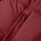 Close-up of red quilted puffer hooded vest coat with drawstring and zipper