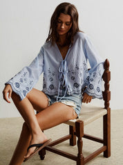 Blue floral embroidered kimono-style tie-front blouse