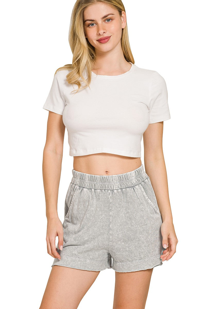 Zenana Halo light gray patterned shorts with elastic waistband