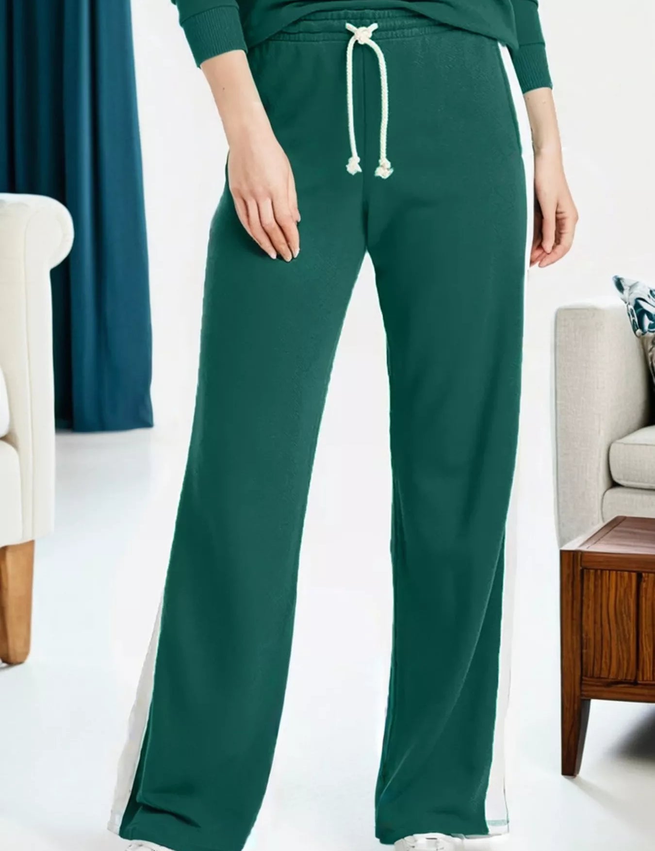 Green drawstring sweatpants with white trim in Round Neck Top set