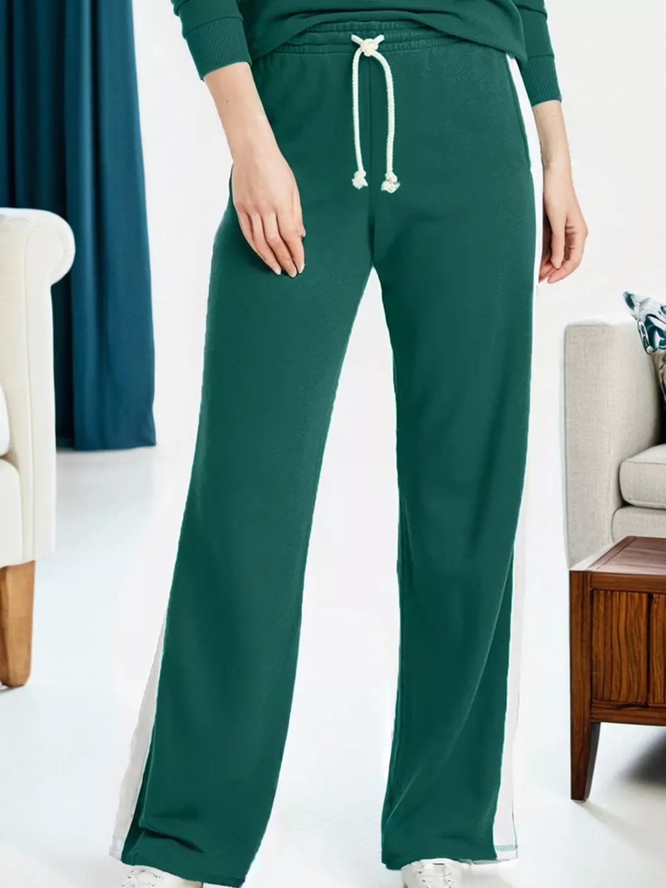 Green drawstring sweatpants with white trim in Round Neck Top set