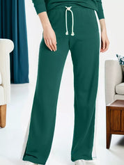 Green drawstring sweatpants with white trim in Round Neck Top set