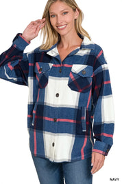 NAVY Zenana Oversized Plaid Fleece Shacket | Shackets Daverri Fashions