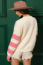 BiBi Colorful Floral Patched Sweater with Striped Sleeve | Sweaters Daverri Fashions