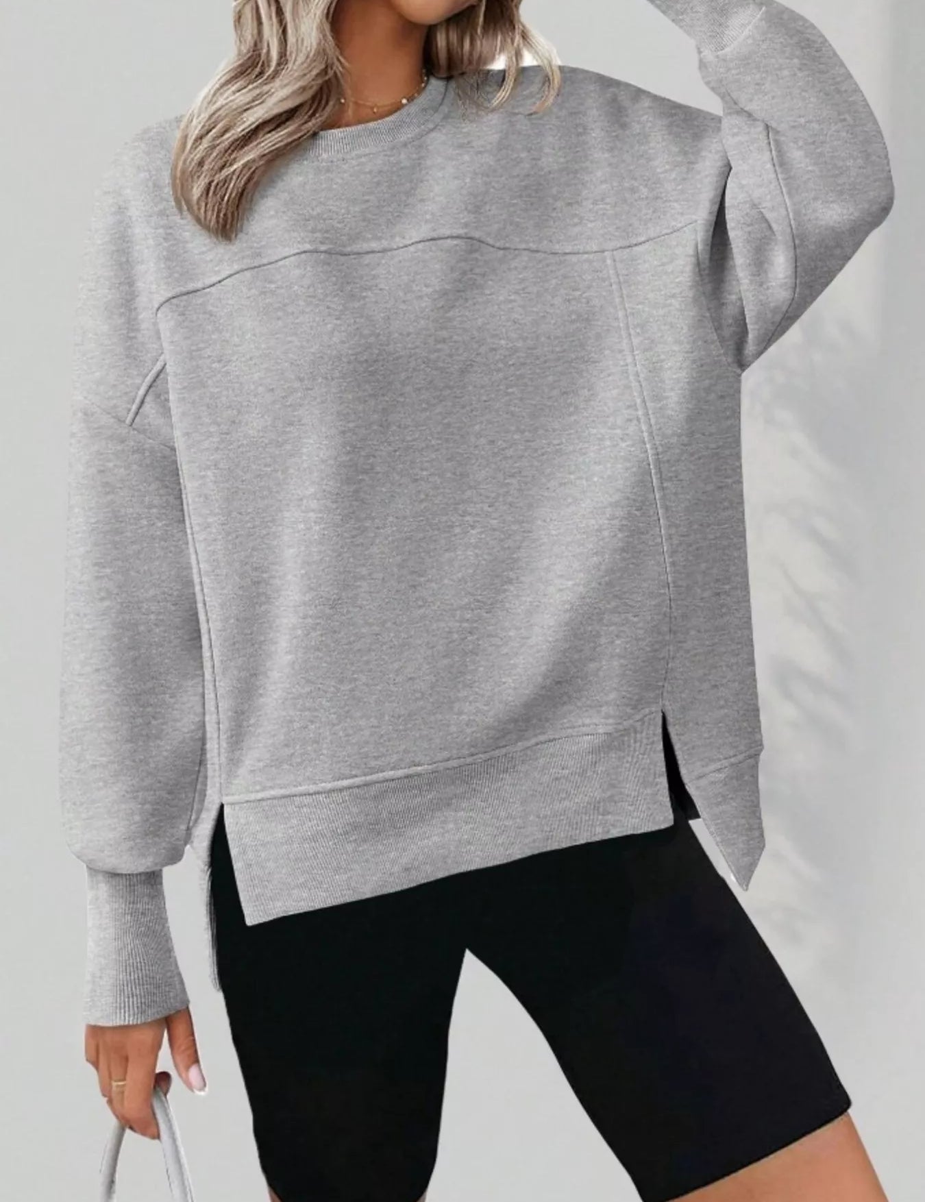 Grey Slit Round Neck Dropped Shoulder Sweatshirt | Sweatshirts Daverri Fashions