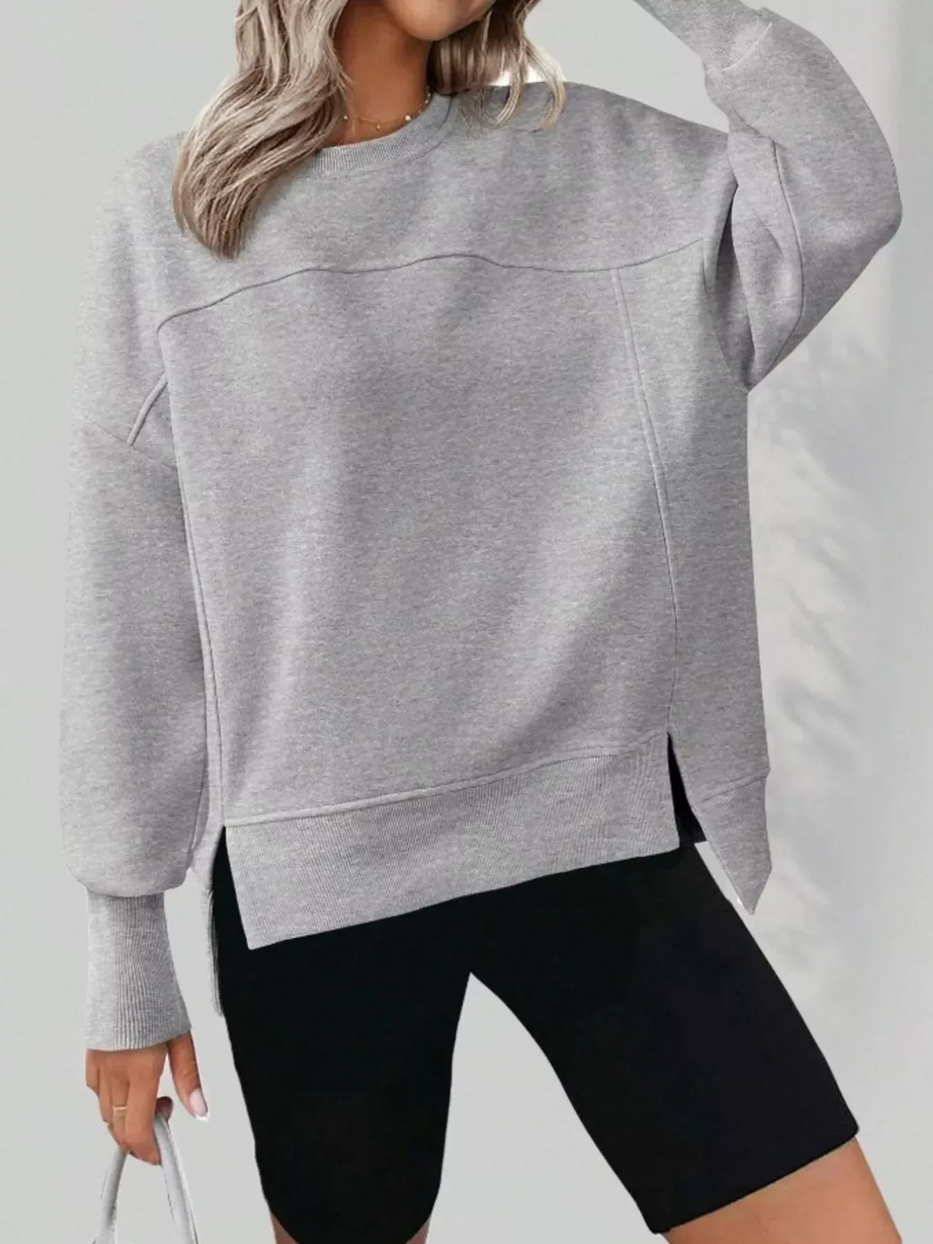 Slit Round Neck Dropped Shoulder Sweatshirt - DAVERRI FASHIONS