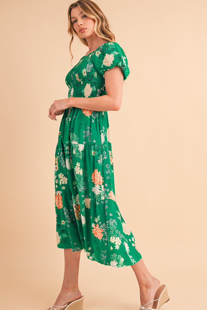 Green Floral Print Bubble Sleeve Smocked Tiered Midi Dress Midi Dresses