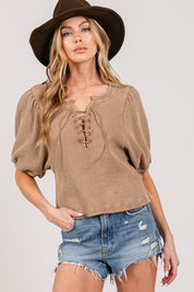 SAGE+FIG Lace-Up Waffle Knit Crop Top Camel