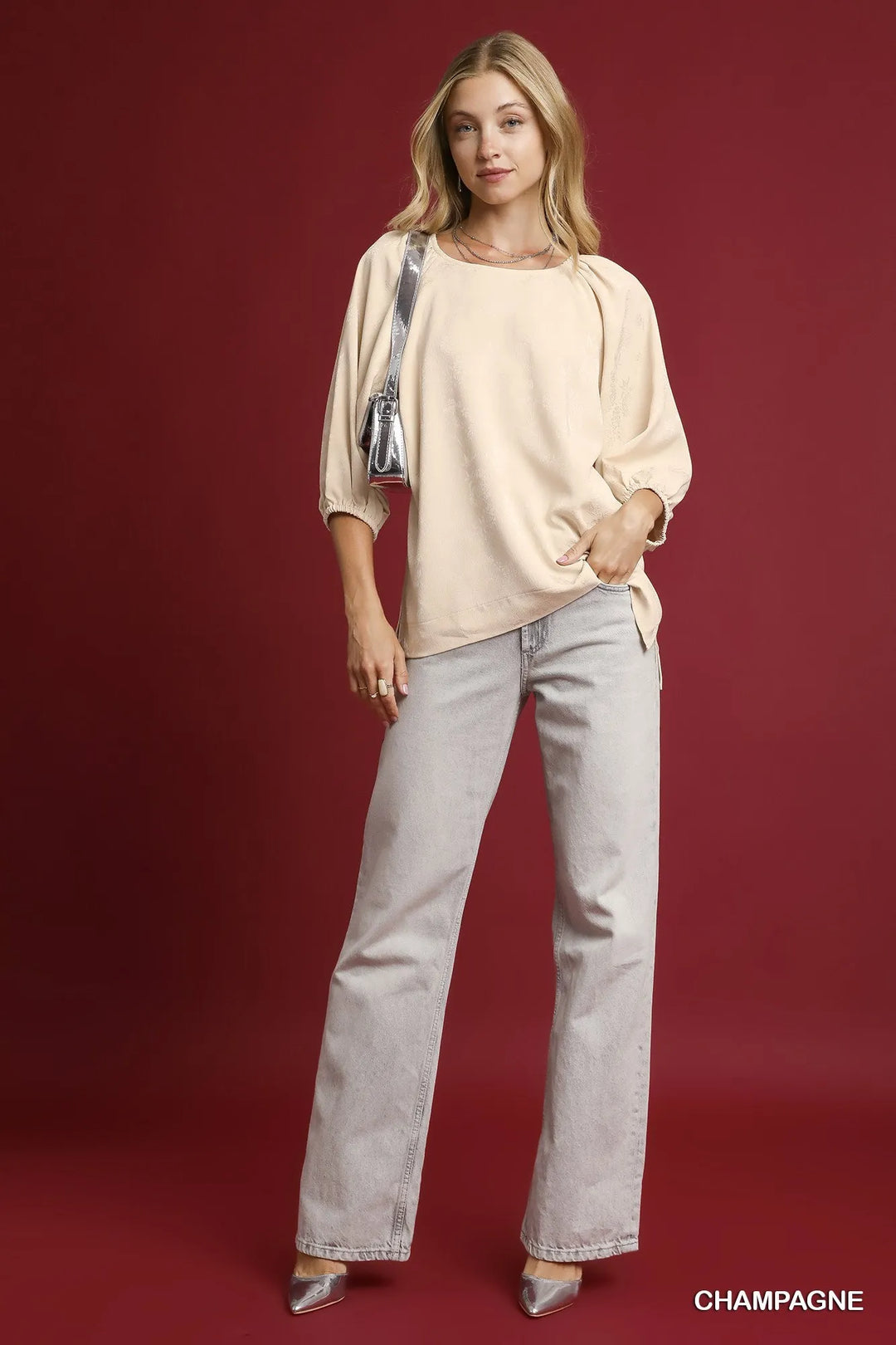 Umgee Satin Jacquard Balloon Sleeve Blouse Blouses