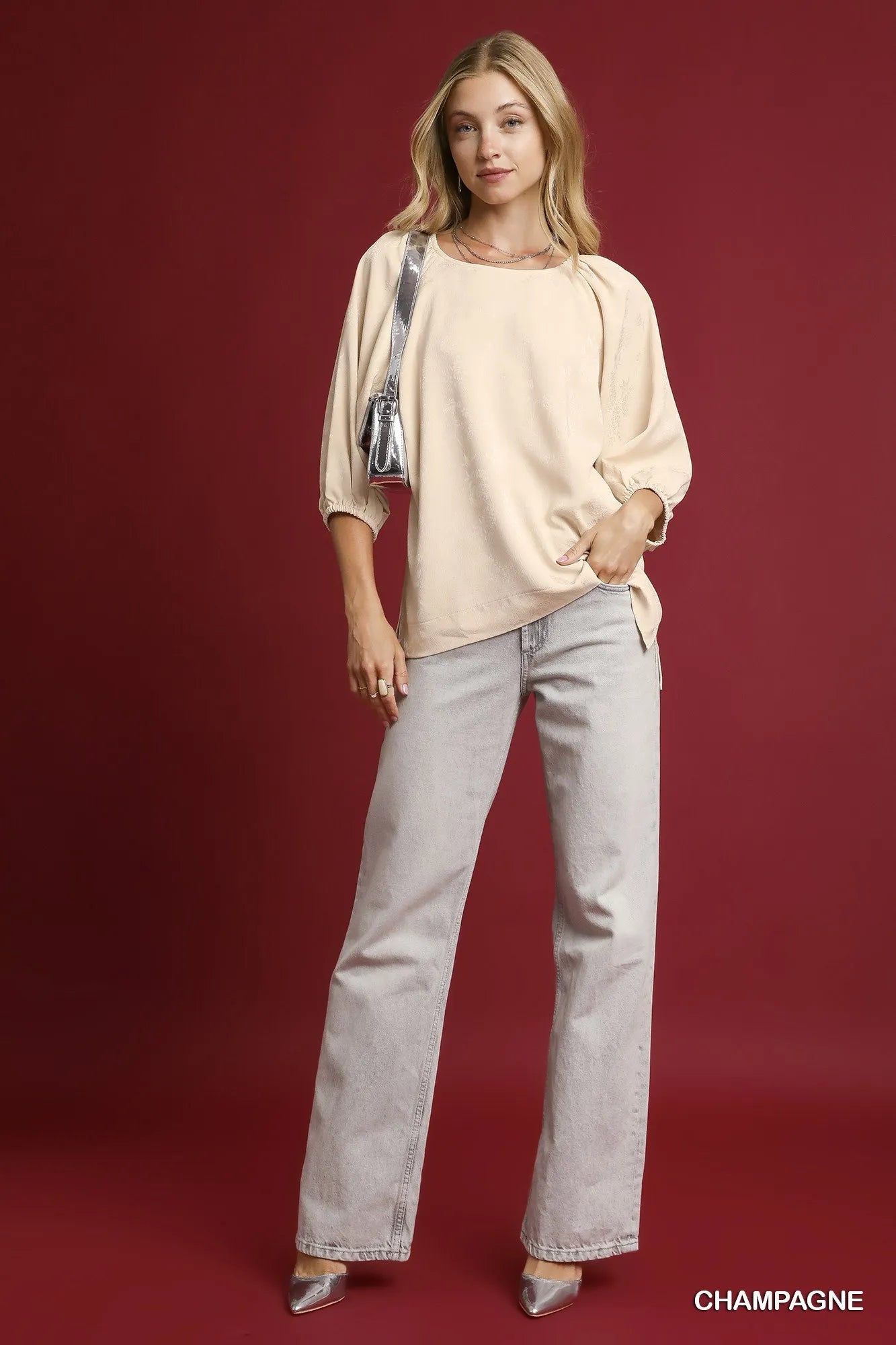 Umgee Satin Jacquard Balloon Sleeve Blouse Blouses