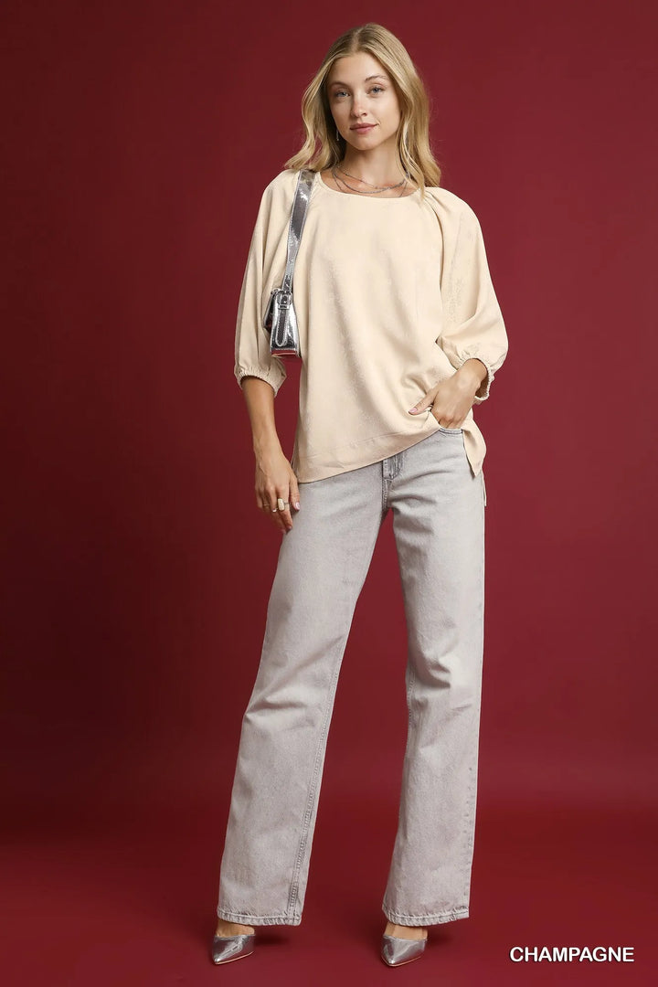 Umgee Satin Jacquard Balloon Sleeve Blouse Blouses