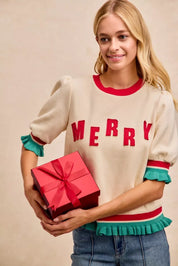 Cream Merry Christmas sweater with red green ruffled sleeves and white lettering