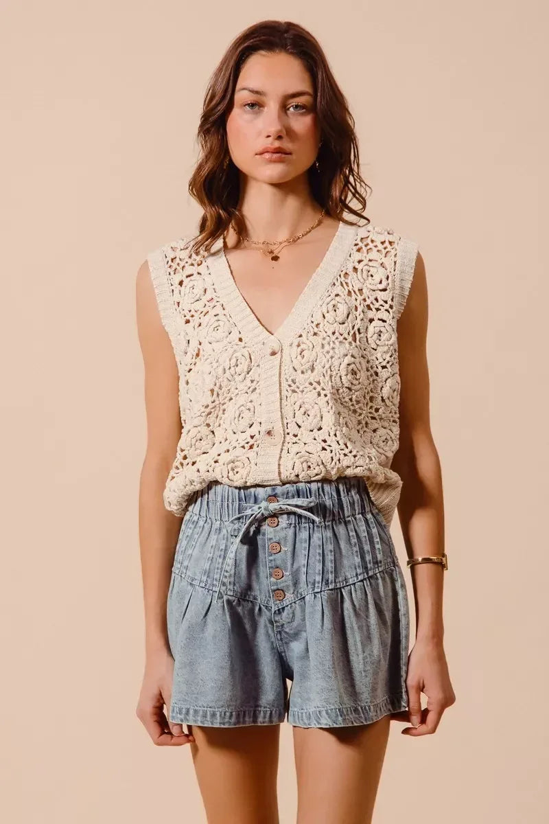 SO ME Flared Denim Shorts with Elasticized Waist - DAVERRI FASHIONS