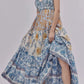 Floral tiered maxi dress in blue cream print with shoulder straps