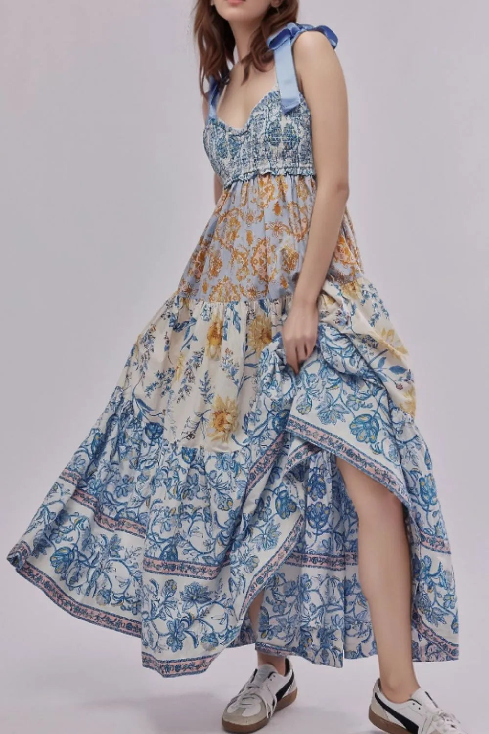 Floral tiered maxi dress in blue cream print with shoulder straps
