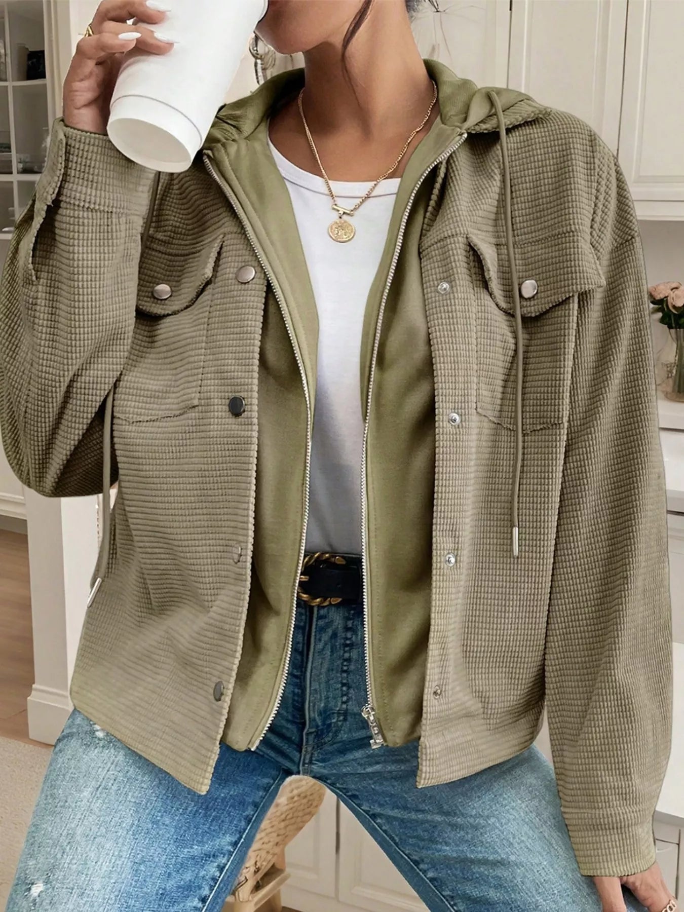 Daverri thermal knit olive green waffle hooded jacket with silver buttons