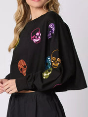 Sequin Skull Long Sleeve Sweatshirt | Sweatshirts Daverri Fashions