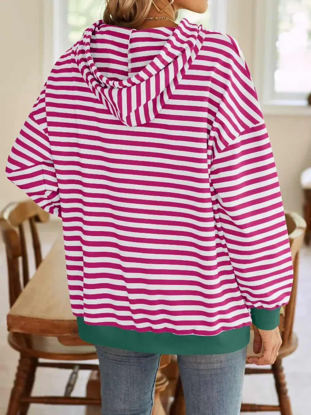 Lovelet Drawstring Striped Long Sleeve Hoodie - DAVERRI FASHIONS