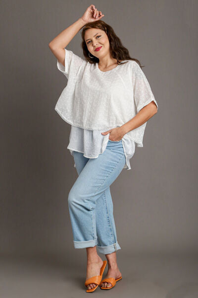 Umgee Full Size Eyelet Layered Short Sleeve Blouse Plus Size