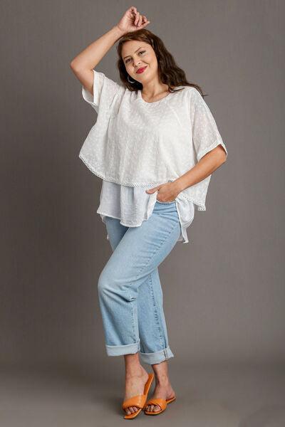 Umgee Full Size Eyelet Layered Short Sleeve Blouse Plus Size Blouses