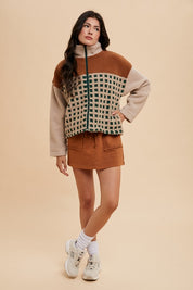 Annie Wear Plaid Zip Up Drop Shoulder Sherpa Jacket Tops