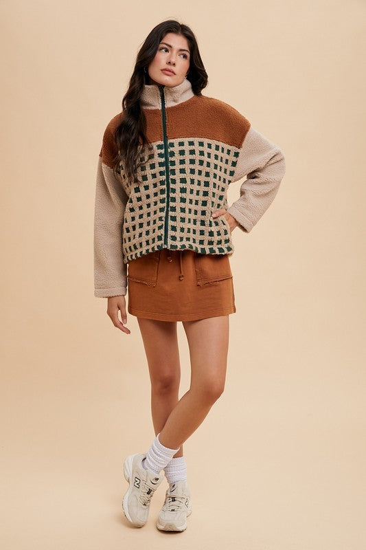 Annie Wear Plaid Zip Up Drop Shoulder Sherpa Jacket Tops