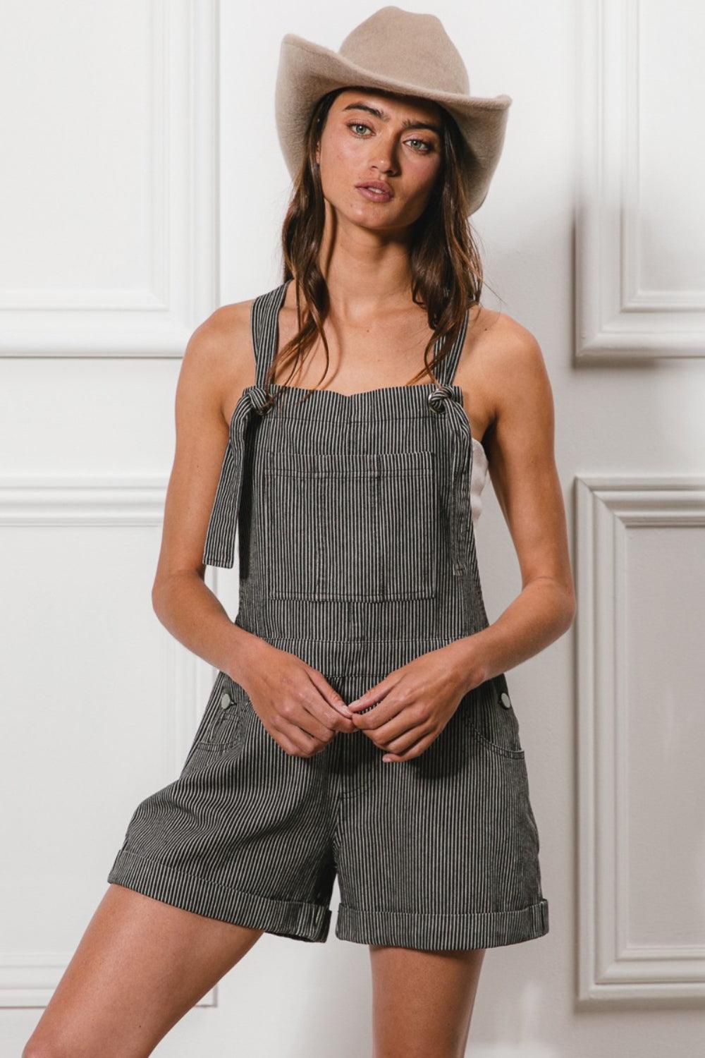 BiBi Tie Strap Washed Stripe Denim Overalls Shortalls