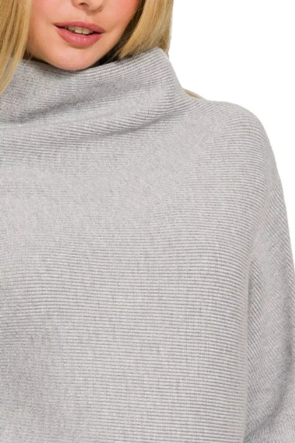 Light gray Zenana viscose cowl neck sweater with ribbed texture and pocket