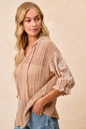 BiBi Jacquard Flower Puff Sleeve Hooded Knit Top | Tops Daverri Fashions