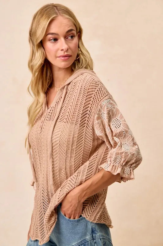 BiBi Jacquard Flower Puff Sleeve Hooded Knit Top | Tops Daverri Fashions