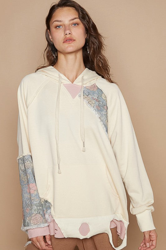 POL Floral Patchwork Distressed Drawstring Hoodie Cream