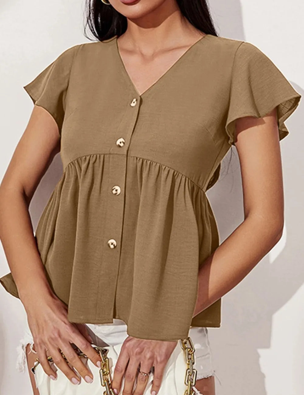 Mocha V-Neck Flutter Sleeve Blouse | Blouses Daverri Fashions