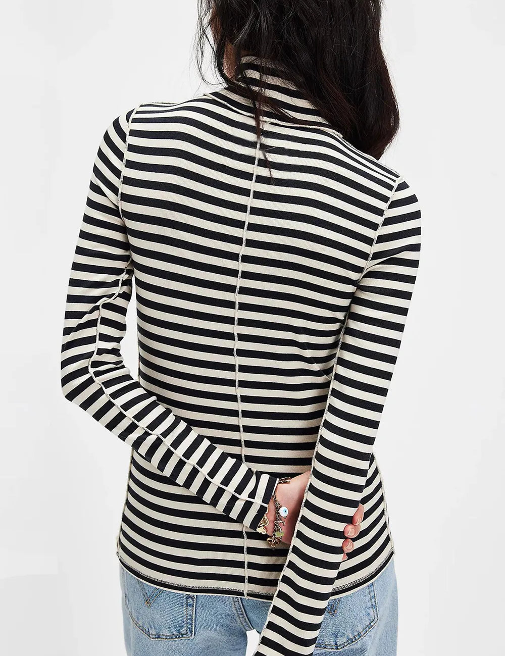 Exposed Seam Striped Turtleneck Long Sleeve T-Shirt | Tops Daverri Fashions