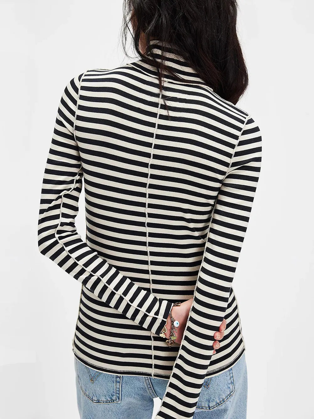 Exposed Seam Striped Turtleneck Long Sleeve T-Shirt | Tops Daverri Fashions