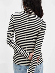 Exposed Seam Striped Turtleneck Long Sleeve T-Shirt | Tops Daverri Fashions