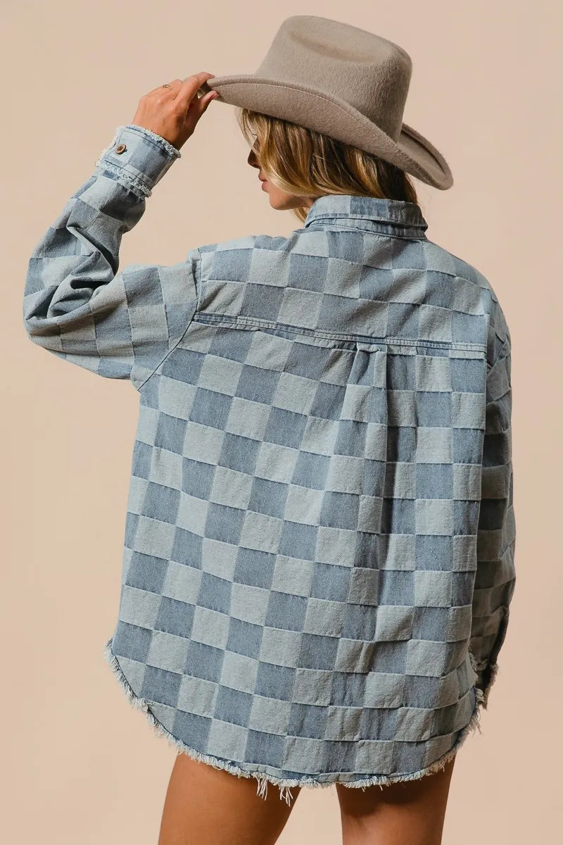 BiBi Frayed Edged Detail Washed Checker Denim Shirt Shirts