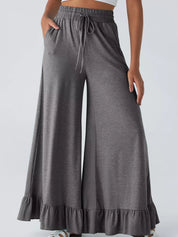 Ruffled Wide Leg Pull On High Waist Pants with Pockets | Pants Daverri Fashions